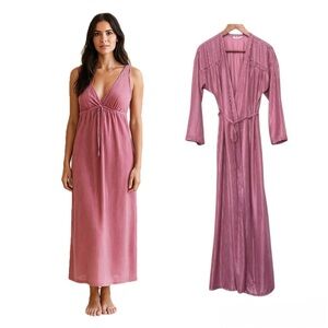🇨🇦 Vintage 90s 2 Piece Set Satin Nightgown Robe Maxi Lace Dusty Pink Long